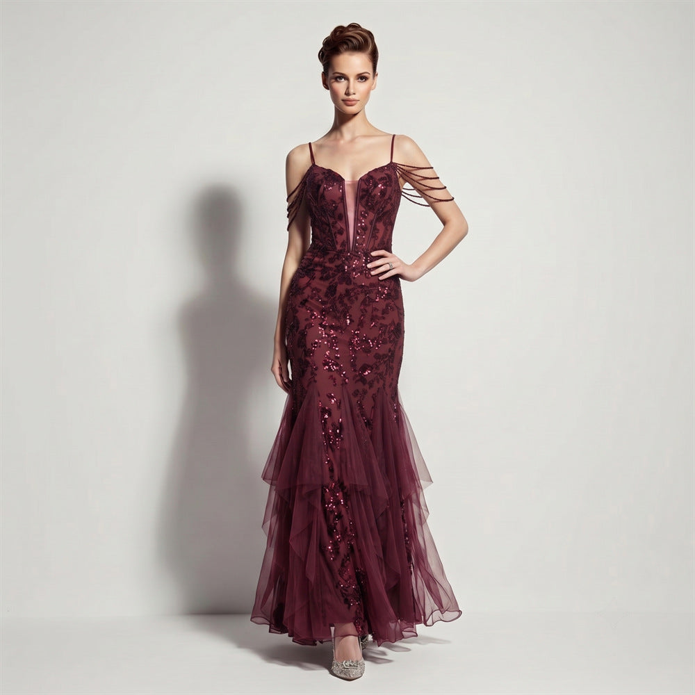 Sofya 35292 # New Style Sequin Tassel Evening Dress Banquet Party Slim Fit Fishtail Long Dress