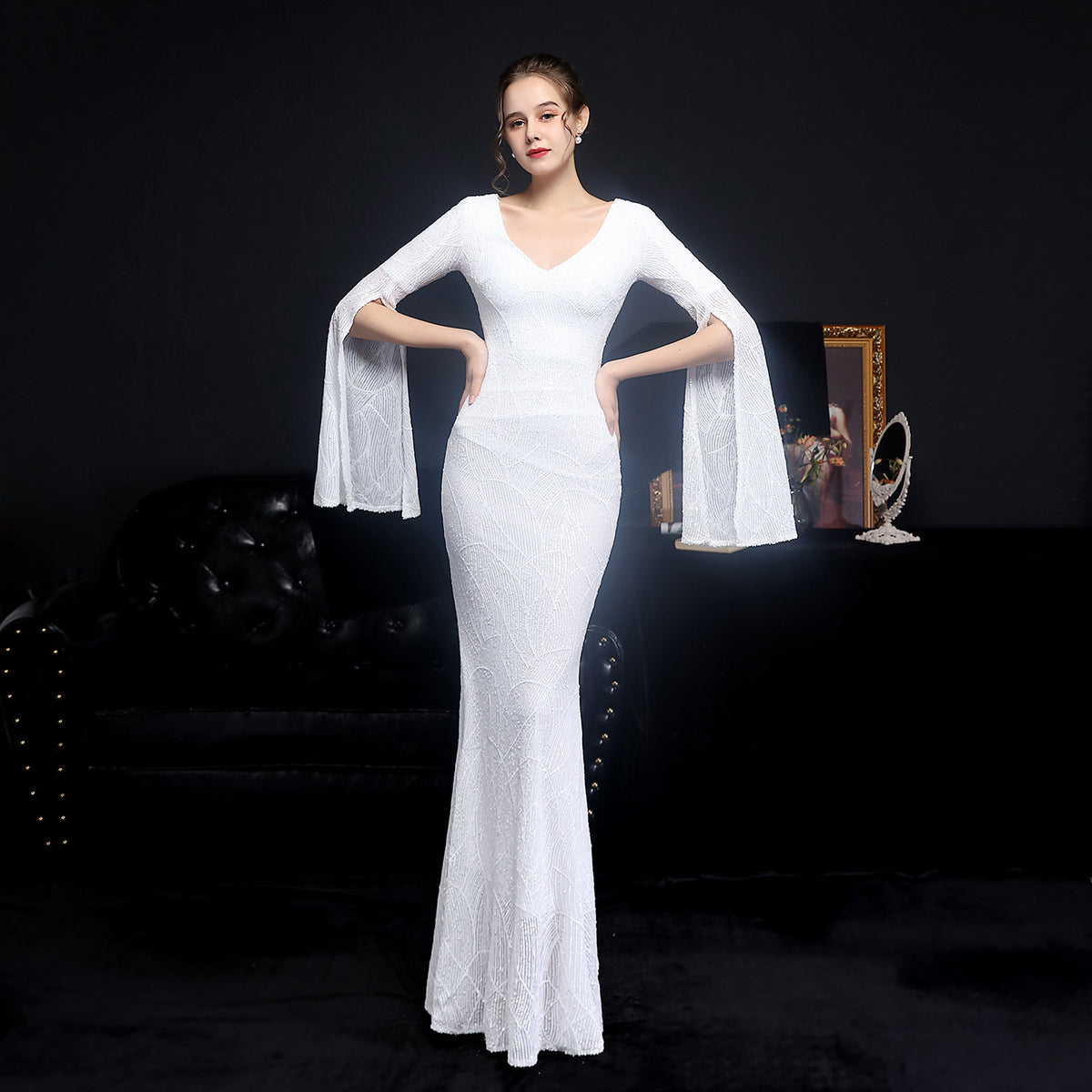 Sofya 18576 # Sequin Long Banquet Slim Fishtail Elegant Socialite Party Annual Meeting Host Evening Dress