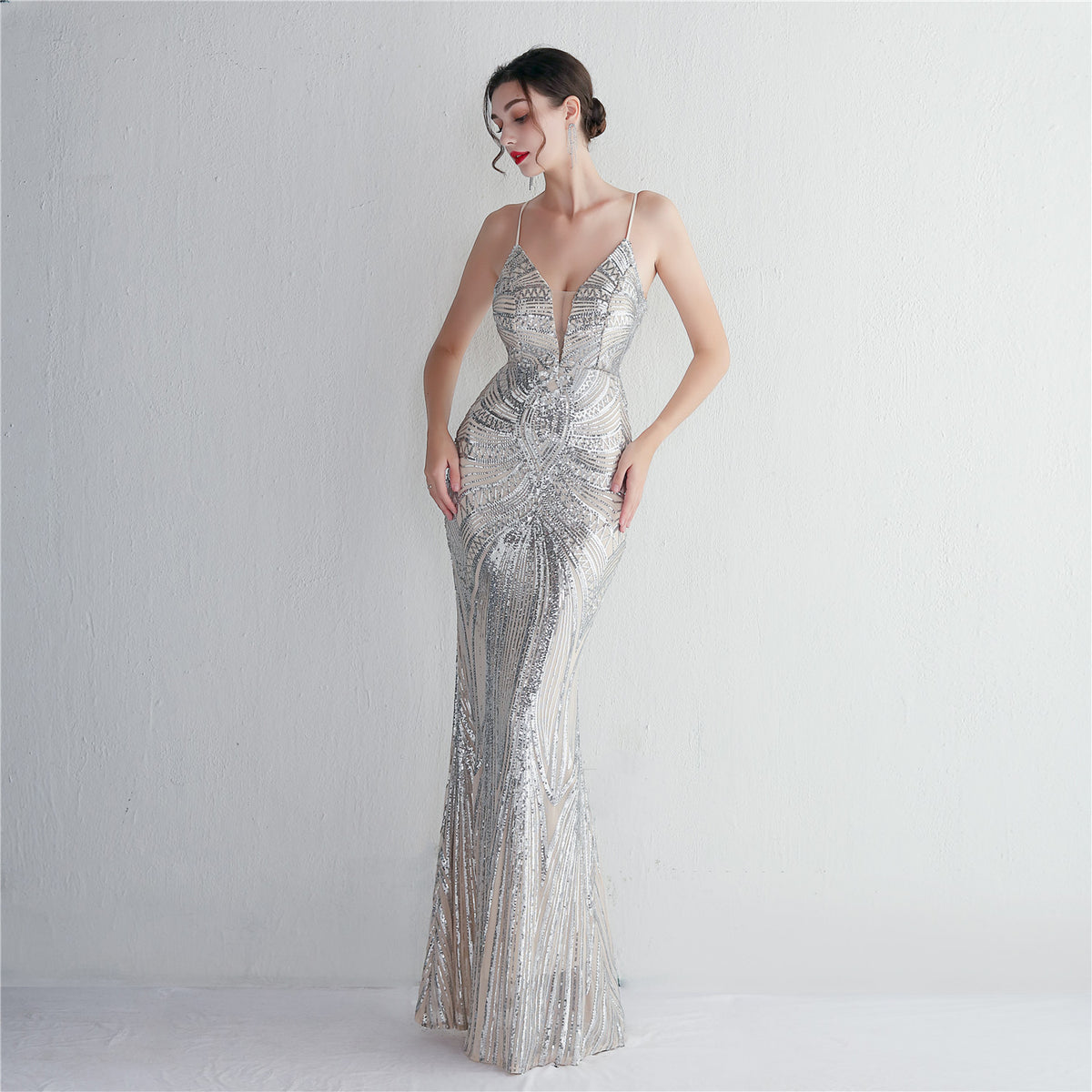 Sofya 19330 # New Style Spaghetti Strap Evening Gown with Sequins, Long Slim-Fit Evening Dress for Parties, Elegant and Graceful