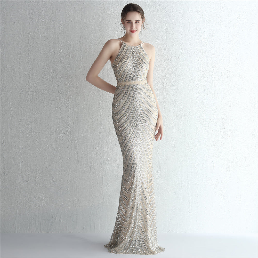 Sofya 19223 # Positioning Floral Sequin Chiffon Skirt with Beaded Halter Neck Style, Elegant and Cool, Long Sequin for Ladies' Banquet