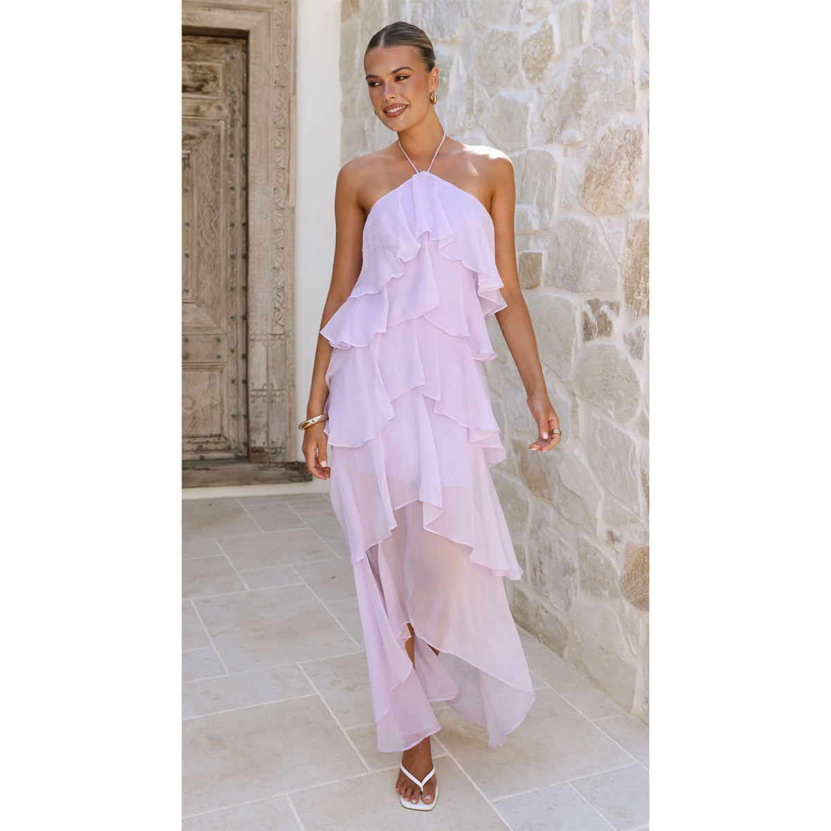 In Stock 2607 Spring/Summer New European and American Cross-Border Elegant Ruffled Halter Neck Solid Color Tiered Chiffon Dress