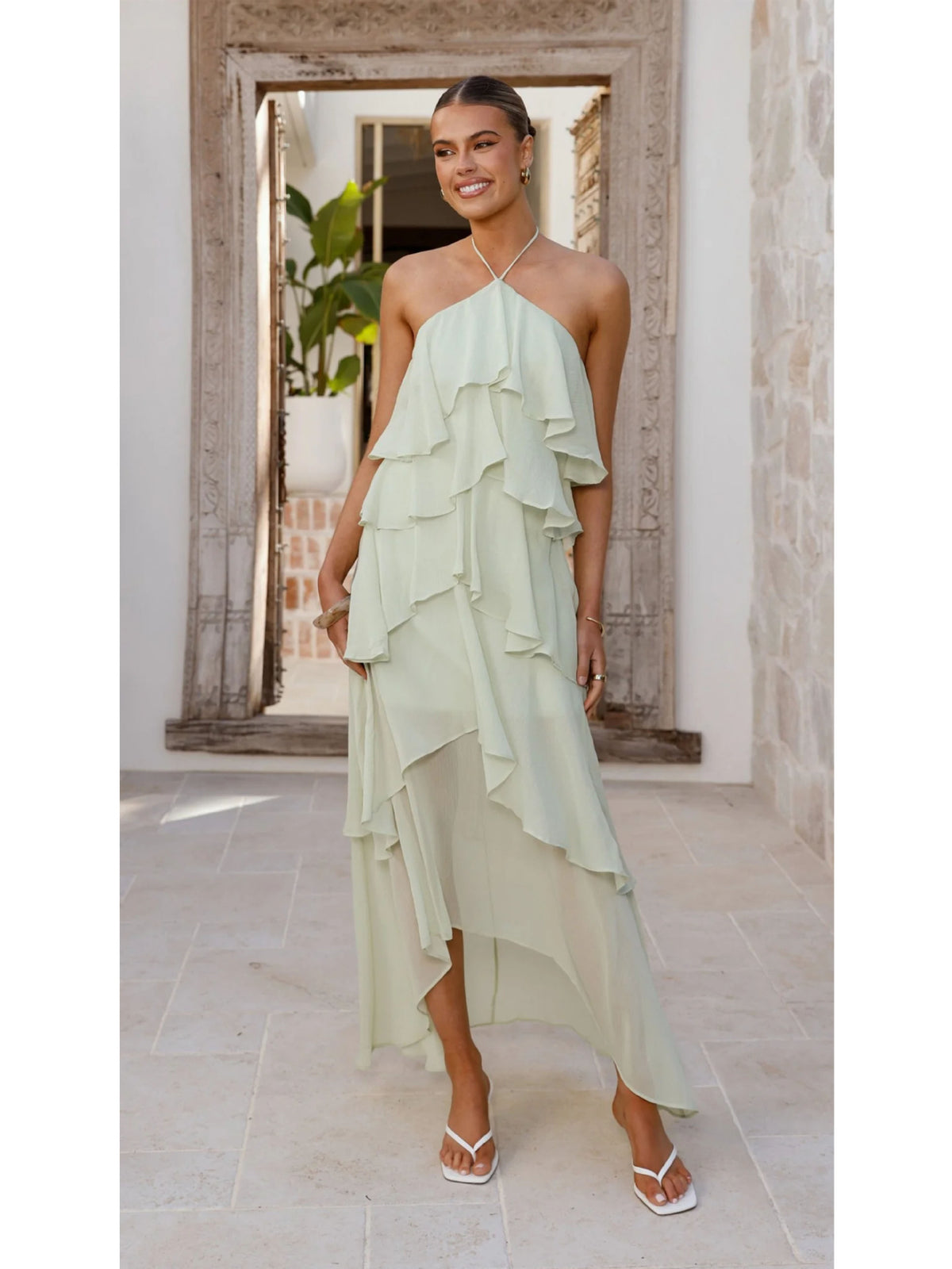 In Stock 2607 Spring/Summer New European and American Cross-Border Elegant Ruffled Halter Neck Solid Color Tiered Chiffon Dress