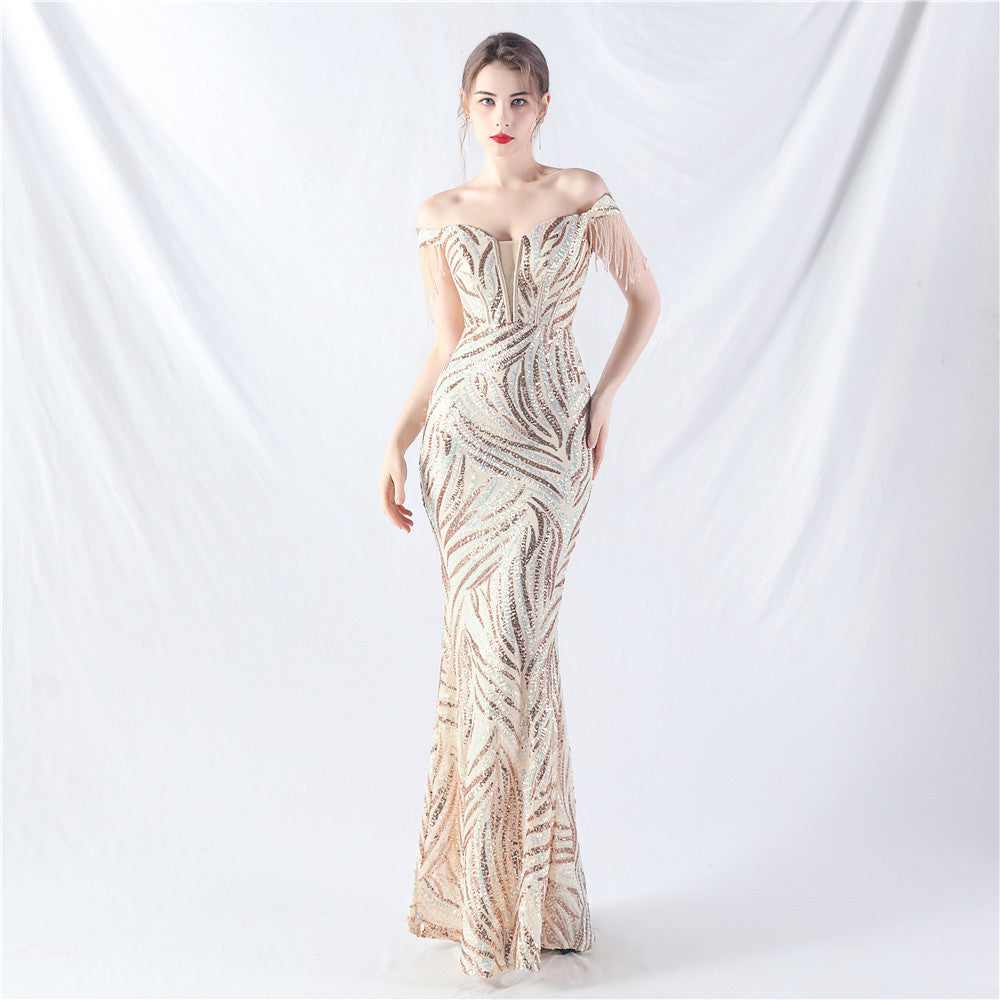 Sofya 31963# New Palace Fishbone Vest Waist Tight Strap Heavy Industry High-end Evening Dress with Beads