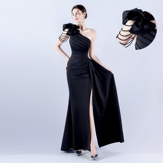 32075# Women's Clothing Heavy Industry Beaded Handmade Art Flower Pleated Technology Satin Shoulder High Fork Evening Dress