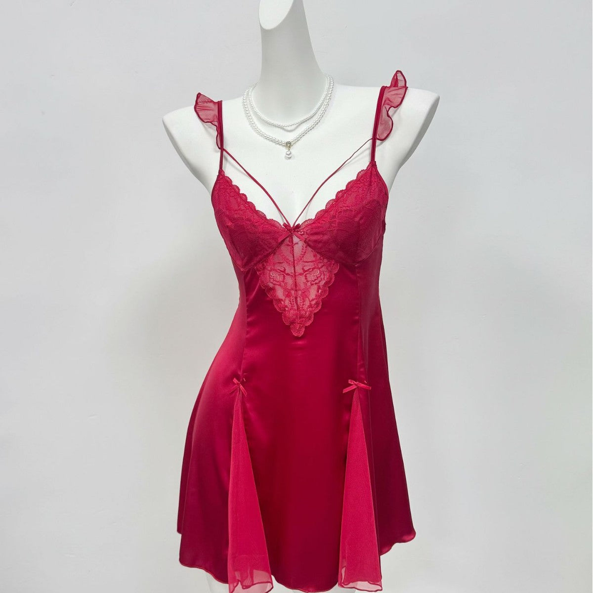Amiel Burgundy Nightgown with Bow Lace Trim and Satin Waist-Cinching Design, Slimming Bridal Home Slip Dress