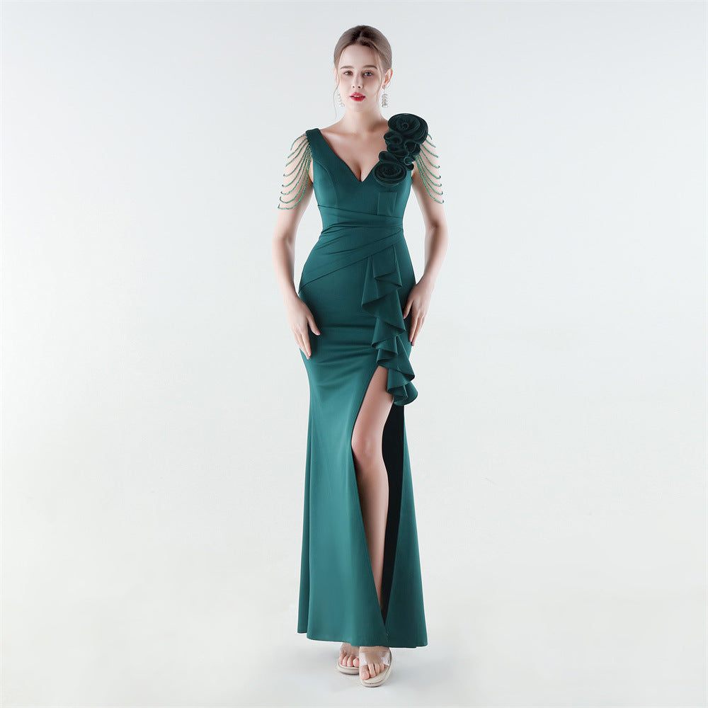 33886 # New Style Beaded and Flowered One-Shoulder Stereo Flower Ruffled Fishtail Slim Evening Dress