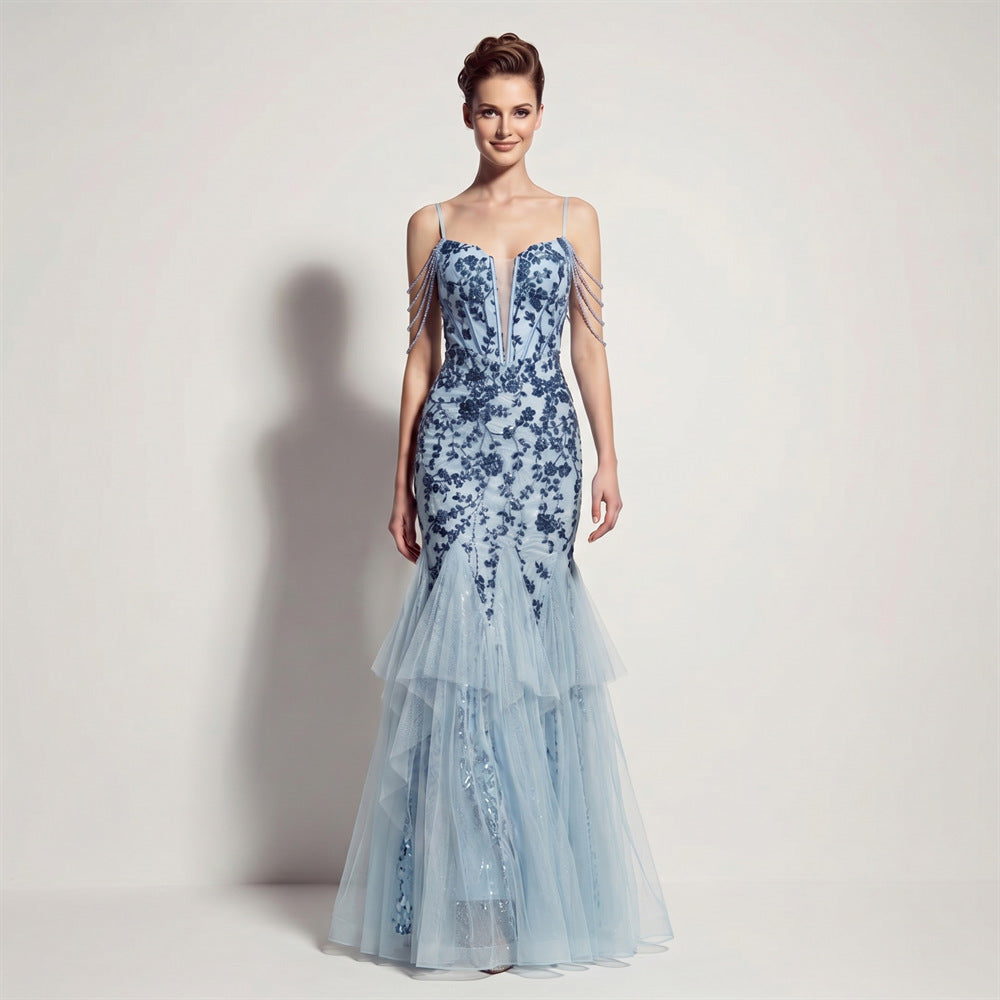Sofya 35292 # New Style Sequin Tassel Evening Dress Banquet Party Slim Fit Fishtail Long Dress