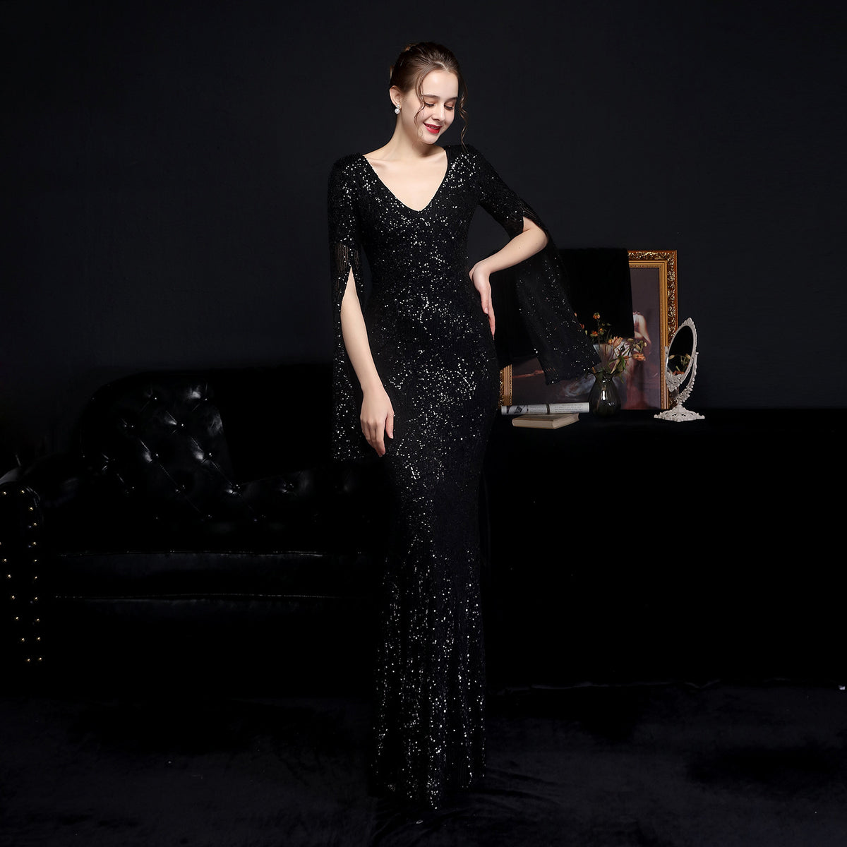 Sofya 18576 # Sequin Long Banquet Slim Fishtail Elegant Socialite Party Annual Meeting Host Evening Dress