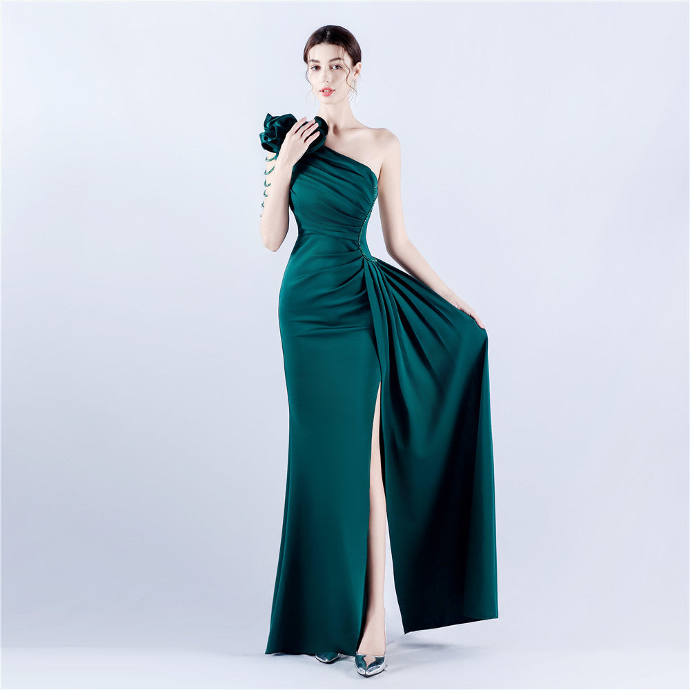 32075# Women's Clothing Heavy Industry Beaded Handmade Art Flower Pleated Technology Satin Shoulder High Fork Evening Dress