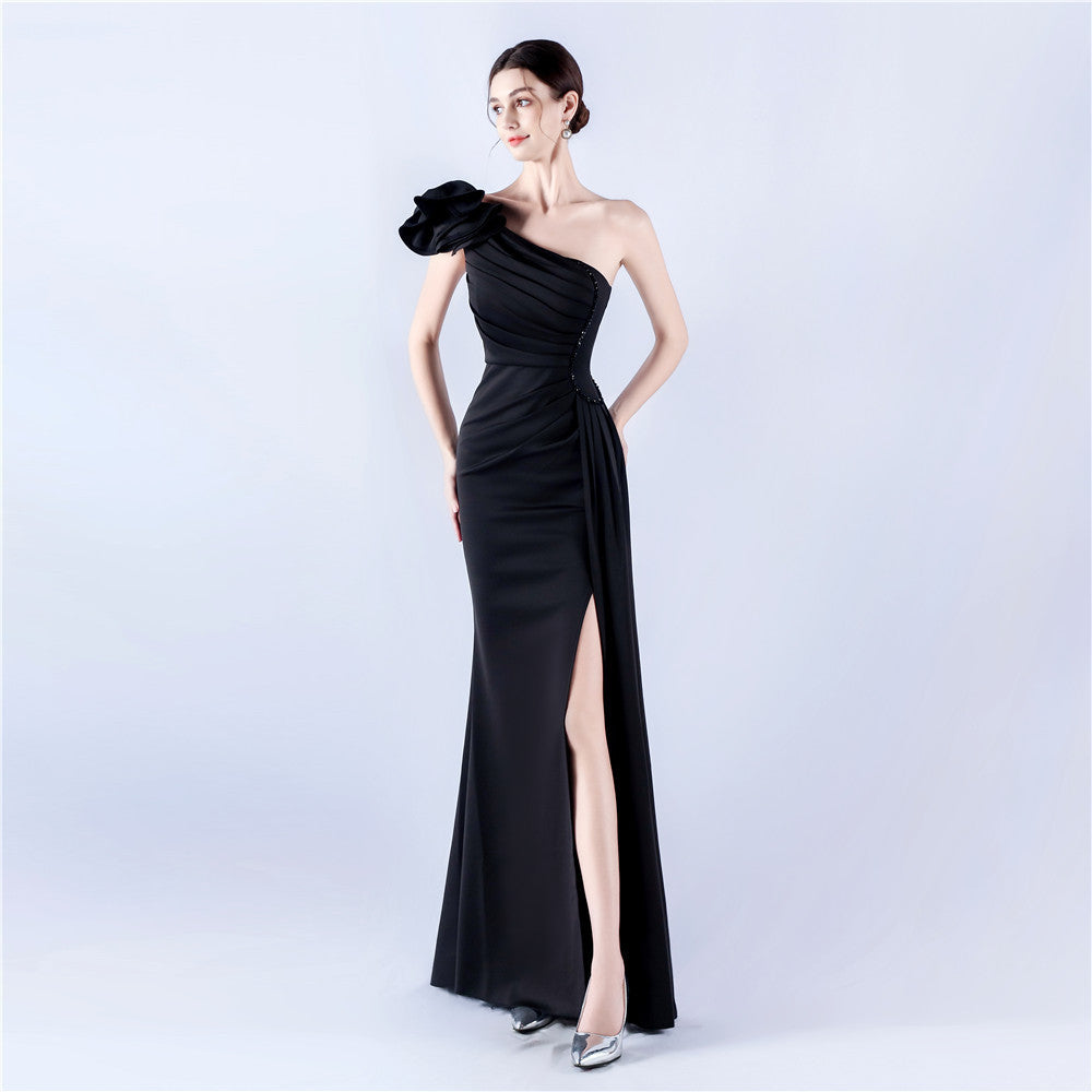 Sofya 31992# New Dress Lotus Shoulder Oblique Neck Craft Bead Hot Drilling Evening Dress Annual Celebration