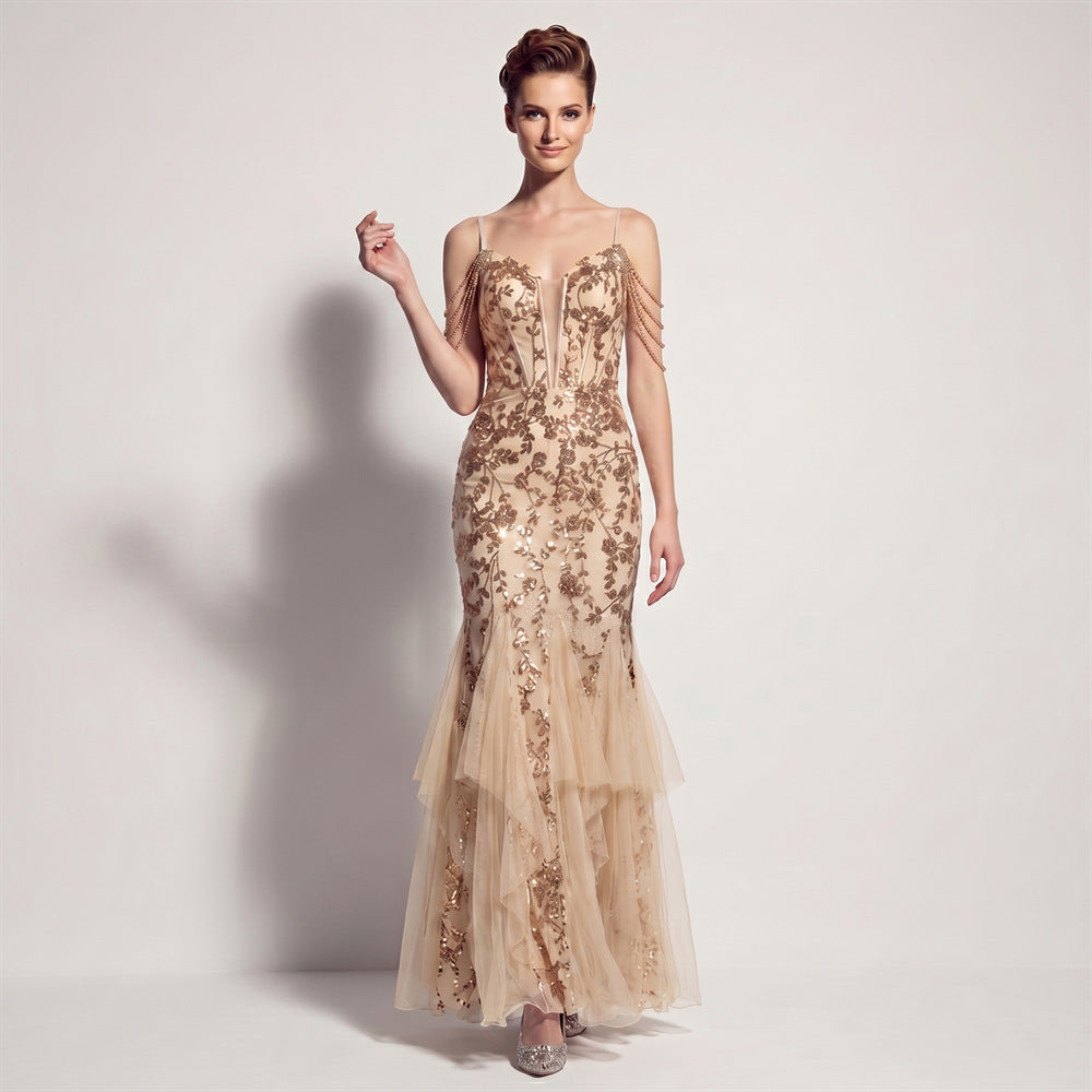 Sofya 35292 # New Style Sequin Tassel Evening Dress Banquet Party Slim Fit Fishtail Long Dress