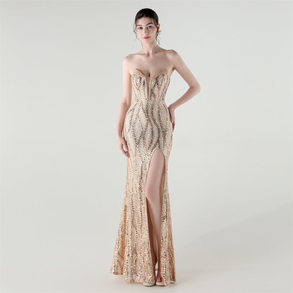 33261# new fishbone waist heavy-duty beaded heart-shaped collar bright piece evening dress luxury banquet evening dress