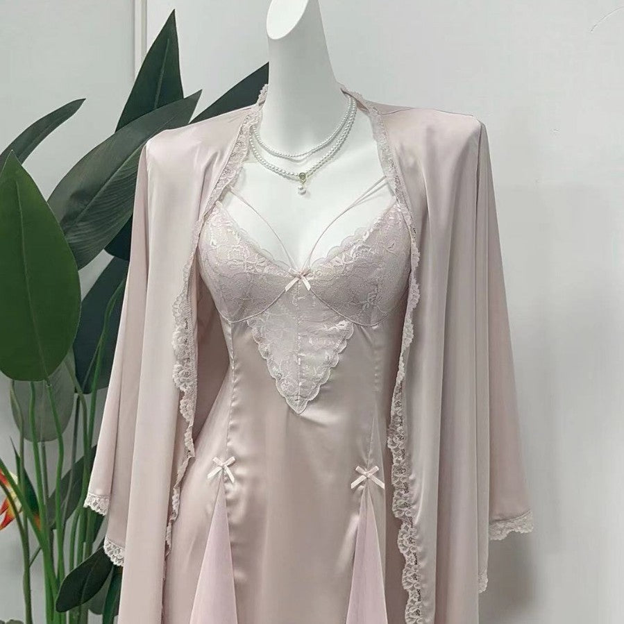 Amiel Burgundy Nightgown with Bow Lace Trim and Satin Waist-Cinching Design, Slimming Bridal Home Slip Dress