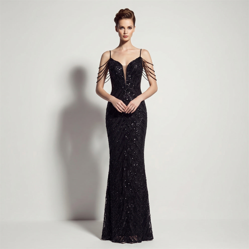 Sofya 35288 # New Style Sequin Tassel Evening Dress Banquet Party Slim Fit Fishtail Long Dress