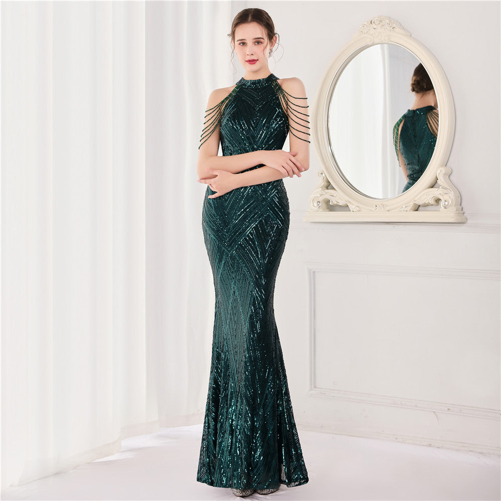 Sofya 18126 # New Banquet Style Elegant Long Halterneck Sequined Ladylike Cool Aura Queen Fishtail Evening Dress