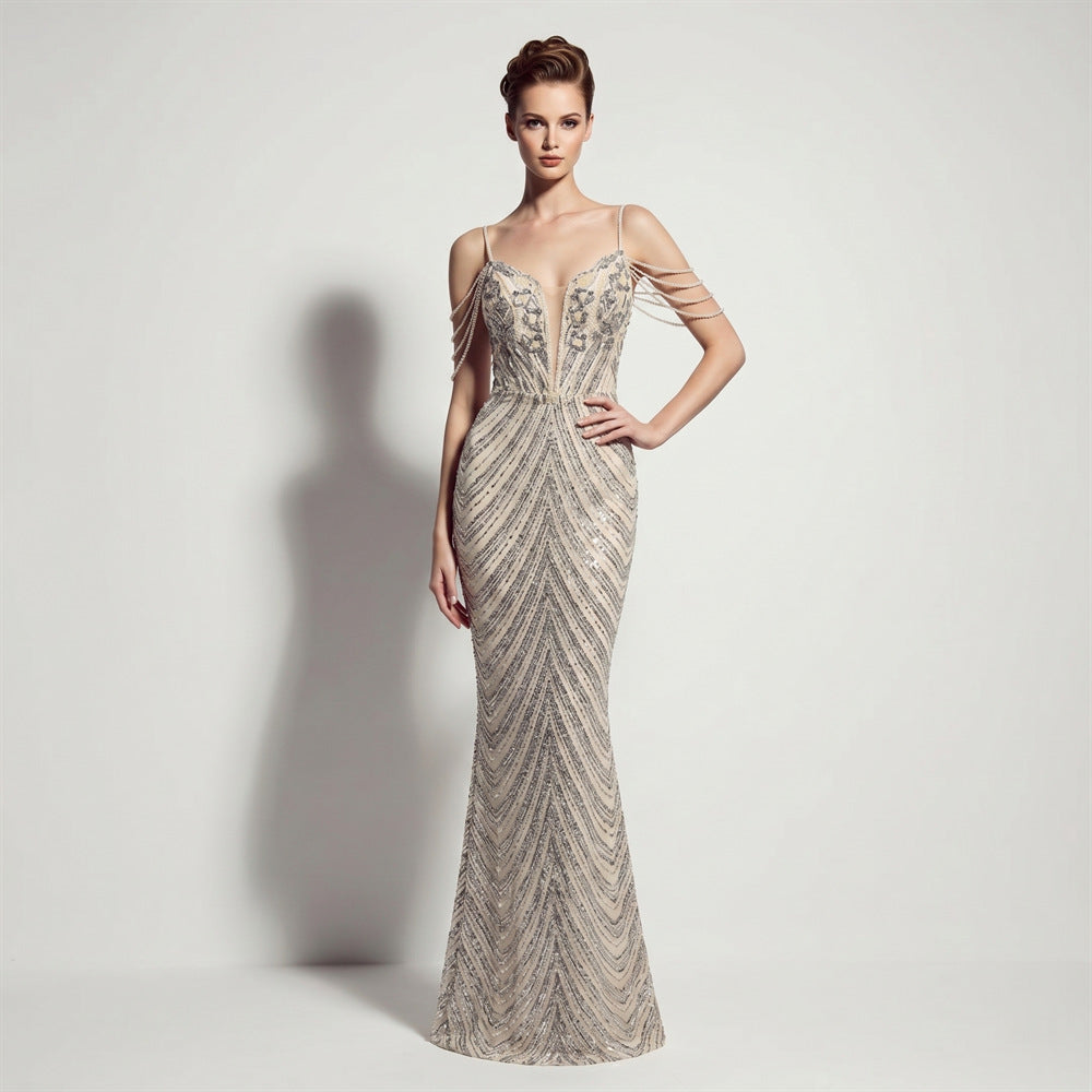 Sofya 35288 # New Style Sequin Tassel Evening Dress Banquet Party Slim Fit Fishtail Long Dress