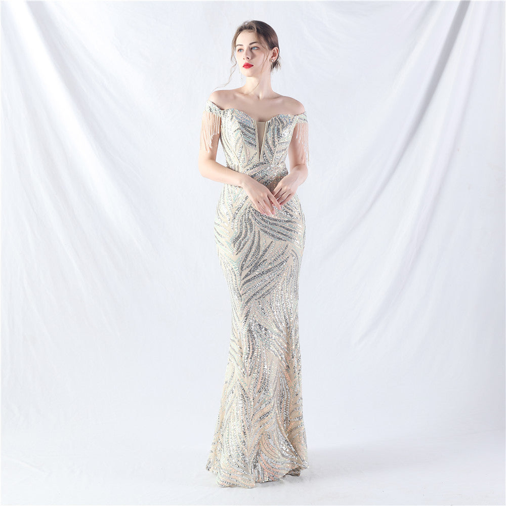 Sofya 31963# New Palace Fishbone Vest Waist Tight Strap Heavy Industry High-end Evening Dress with Beads