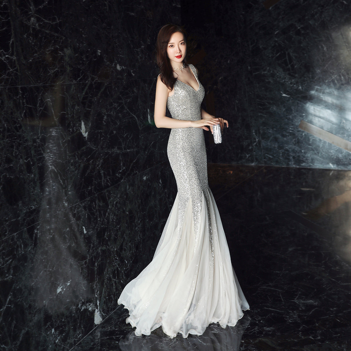 Sofya 16538 # Evening Dress for Women, New Banquet Style, Elegant and Long Fishtail Sequin Dress for the Annual Party