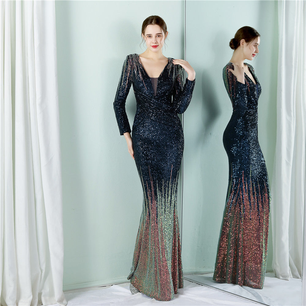 Sofya 19037 # Gradient Beaded Long Sleeve Evening Dress Spring/Summer New Fashion Long Sequin Dress Toast Dress