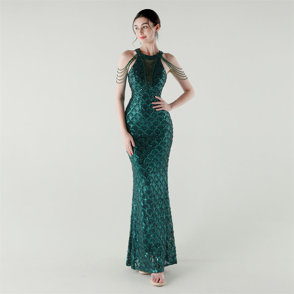 33369 # New High-Neck Draped Thin Chain Decorated Fishtail Skirt Sequined Evening Dress Light Luxury Niche Banquet Dress