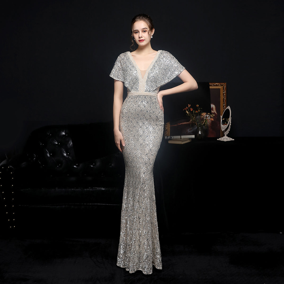 Sofya 18611 # Plaid Sequin Fishtail Banquet Elegant Temperament Annual Meeting Host Car Model Party Dress Female Autumn