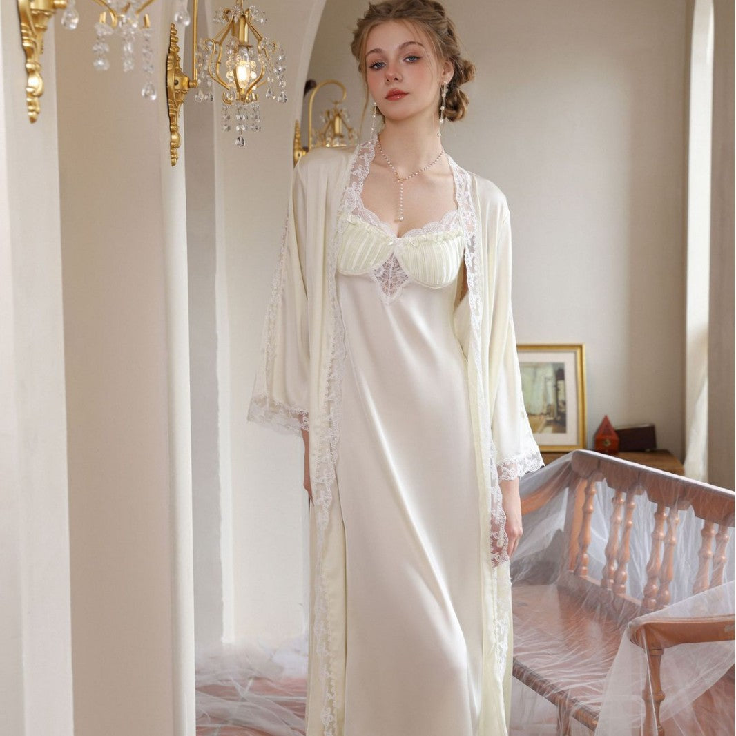 Amiel Robe Pajamas, Spring and Summer High-End Ice Silk Suspender Dress, Long Dress, Elegant Dressing Gown, Nightgown Set with Built-In Breast Pads