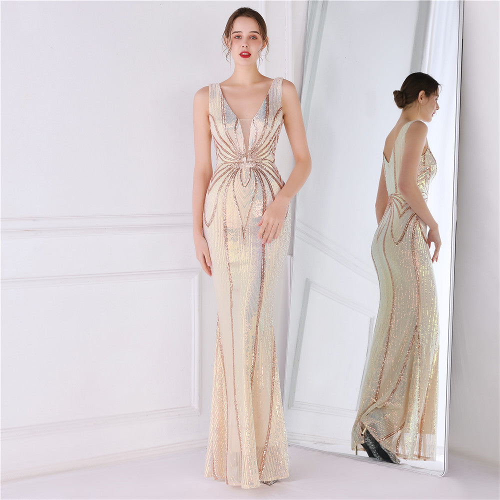 Sofya 19025# positioning flower beads banquet elegant long sleeveless sequins aura queen fishtail skirt slim fishtail skirt