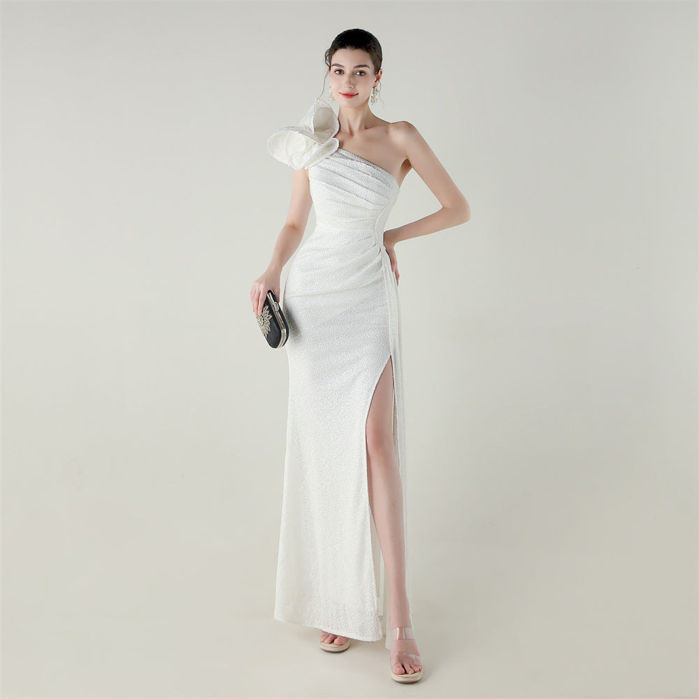 33639 # One-Shoulder Sequin Craft Flower Beaded Slim Fishtail Evening Dress Award Ceremony High-End Social Dress