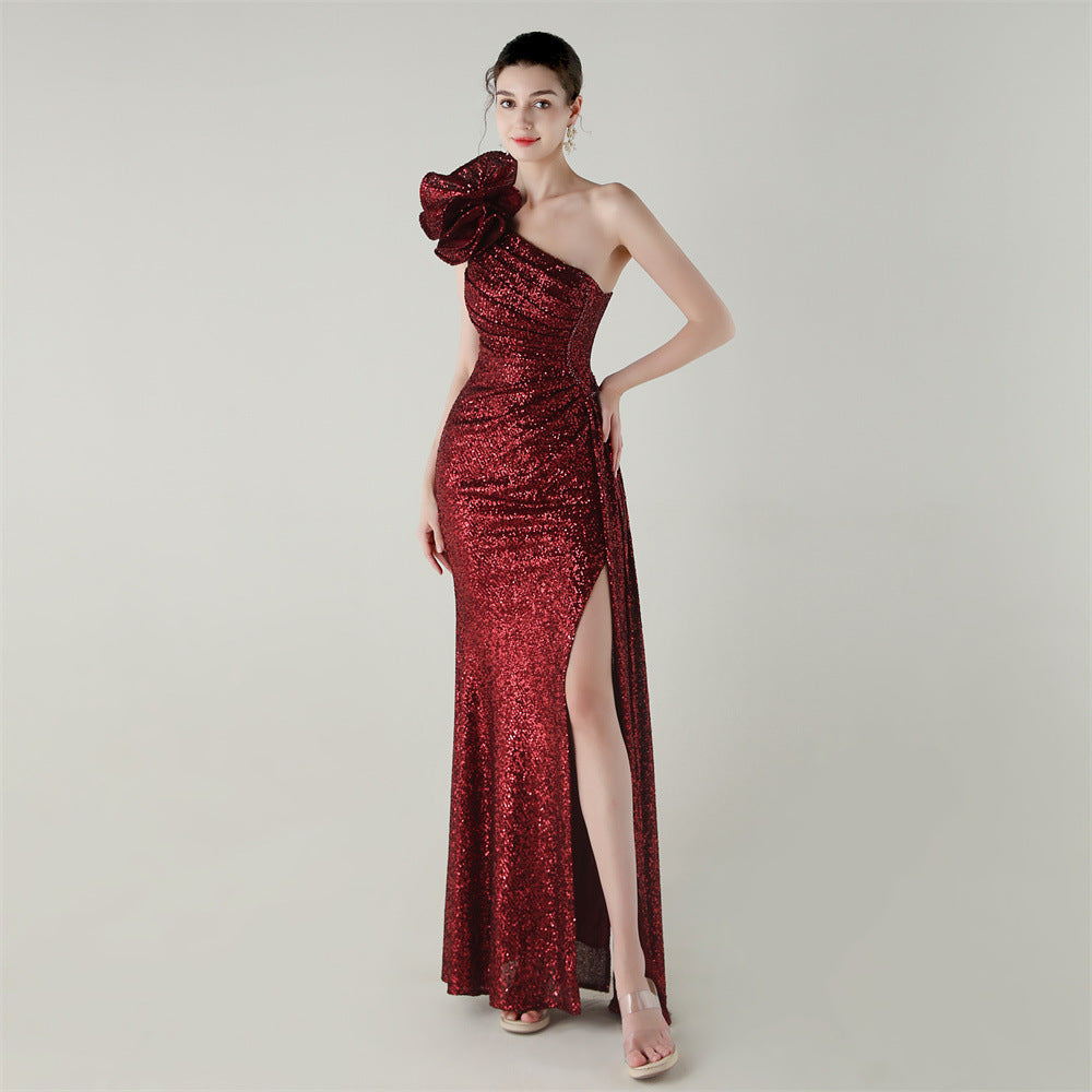 33639 # One-Shoulder Sequin Craft Flower Beaded Slim Fishtail Evening Dress Award Ceremony High-End Social Dress