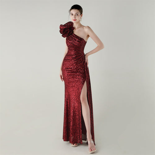 33639 # One-Shoulder Sequin Craft Flower Beaded Slim Fishtail Evening Dress Award Ceremony High-End Social Dress
