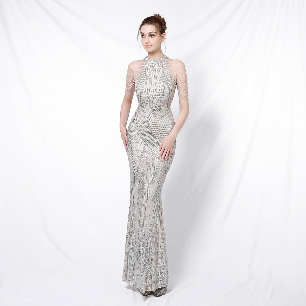 Sofya 18126 # New Banquet Style Elegant Long Halterneck Sequined Ladylike Cool Aura Queen Fishtail Evening Dress