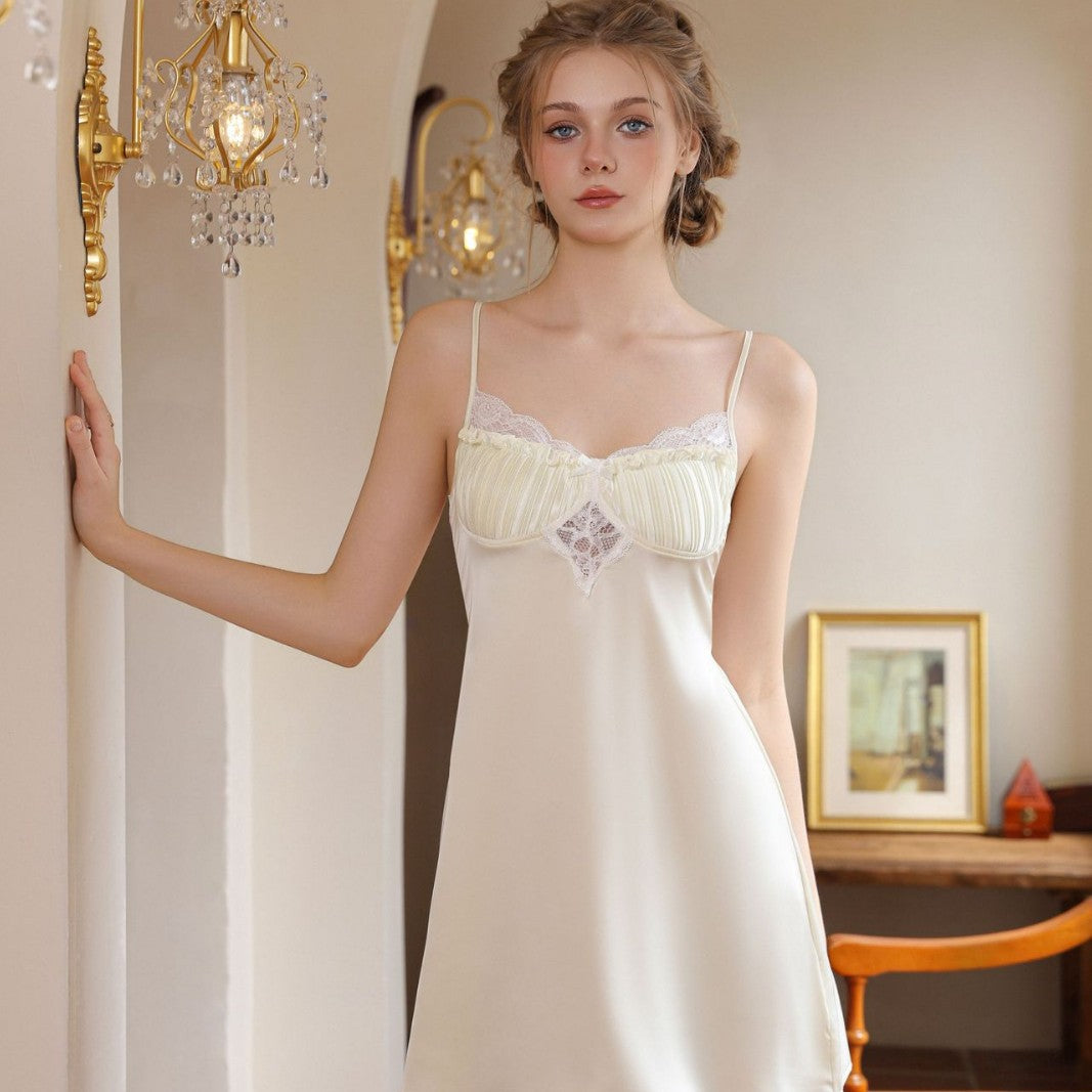 Amiel High-Elastic Ice Silk Nightgown for Women, Summer Style Lace High-End Camisole Nightdress, Thin Short Skirt Loungewear