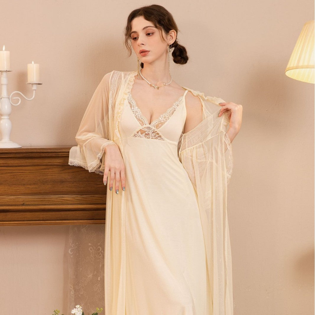 Amiel Palace-Style Modal Fairy Nightgown with Built-In Chest Pads + Mesh Outer Robe Two-Piece Set , Atmospheric Loungewear