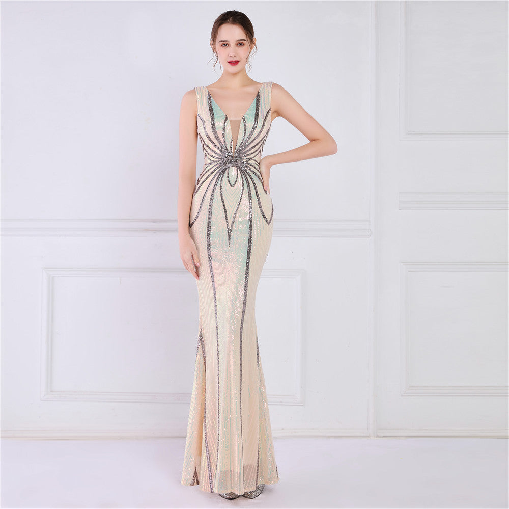 Sofya 19025# positioning flower beads banquet elegant long sleeveless sequins aura queen fishtail skirt slim fishtail skirt