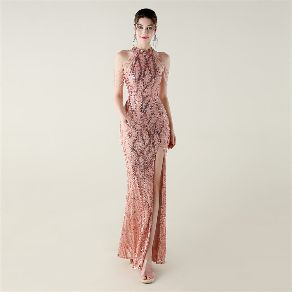 33660 # Sequin Craft Beaded Evening Dress Off-Shoulder Halterneck Fishtail Skirt Socialite Style Light Luxury Slimming