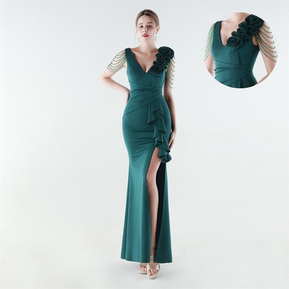 33886 # New Style Beaded and Flowered One-Shoulder Stereo Flower Ruffled Fishtail Slim Evening Dress