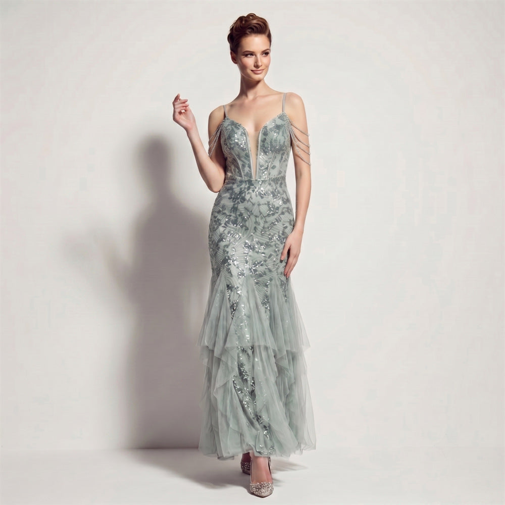 Sofya 35292 # New Style Sequin Tassel Evening Dress Banquet Party Slim Fit Fishtail Long Dress