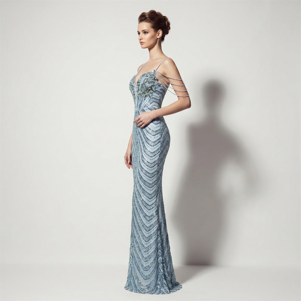 Sofya 35288 # New Style Sequin Tassel Evening Dress Banquet Party Slim Fit Fishtail Long Dress
