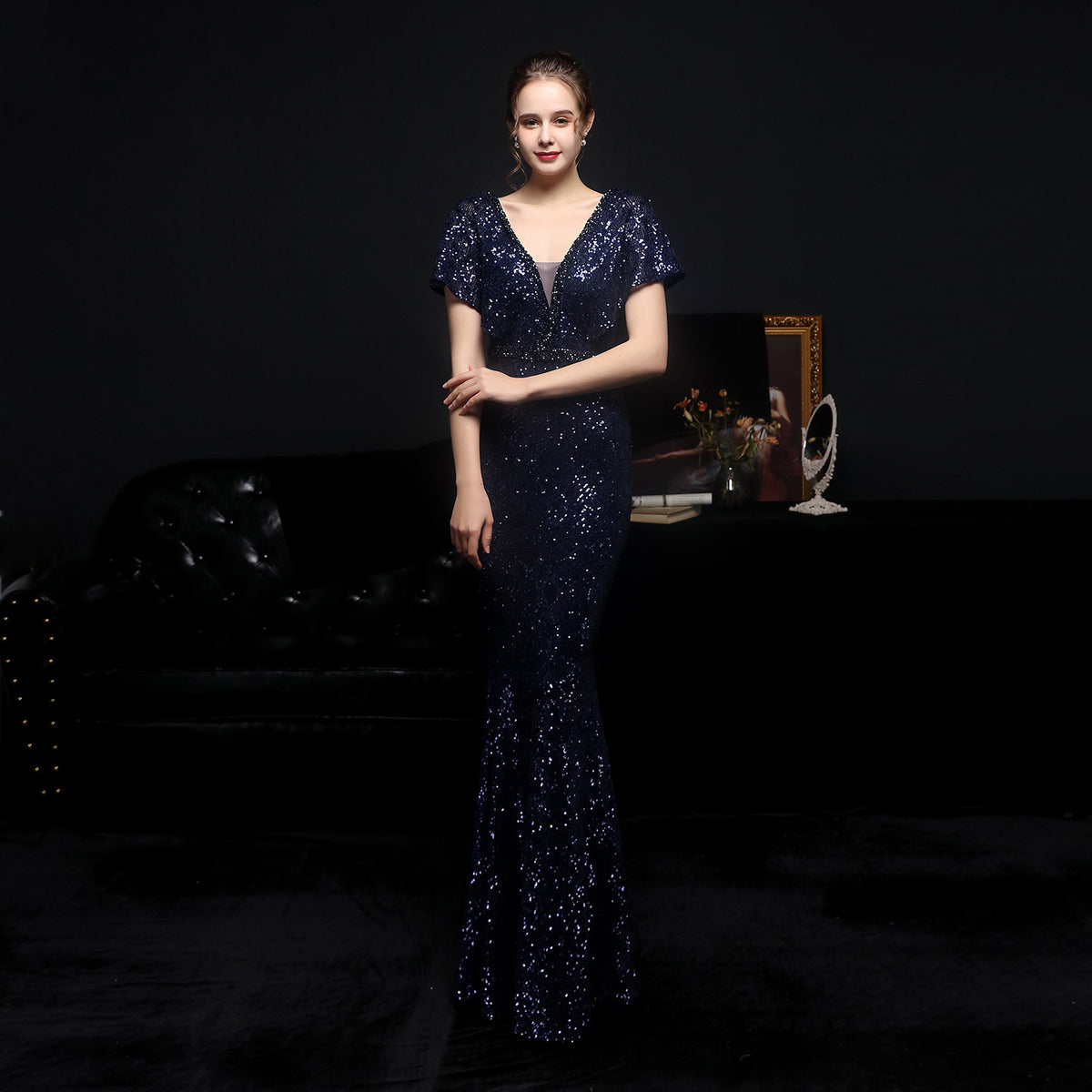 Sofya 18611 # Plaid Sequin Fishtail Banquet Elegant Temperament Annual Meeting Host Car Model Party Dress Female Autumn