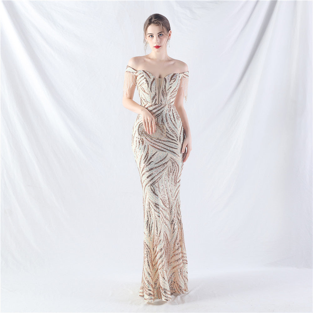 Sofya 31963# New Palace Fishbone Vest Waist Tight Strap Heavy Industry High-end Evening Dress with Beads