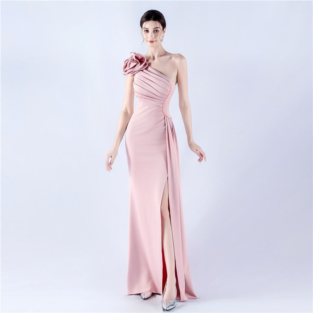 Sofya 31992# New Dress Lotus Shoulder Oblique Neck Craft Bead Hot Drilling Evening Dress Annual Celebration