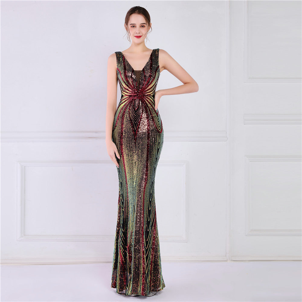 Sofya 19025# positioning flower beads banquet elegant long sleeveless sequins aura queen fishtail skirt slim fishtail skirt