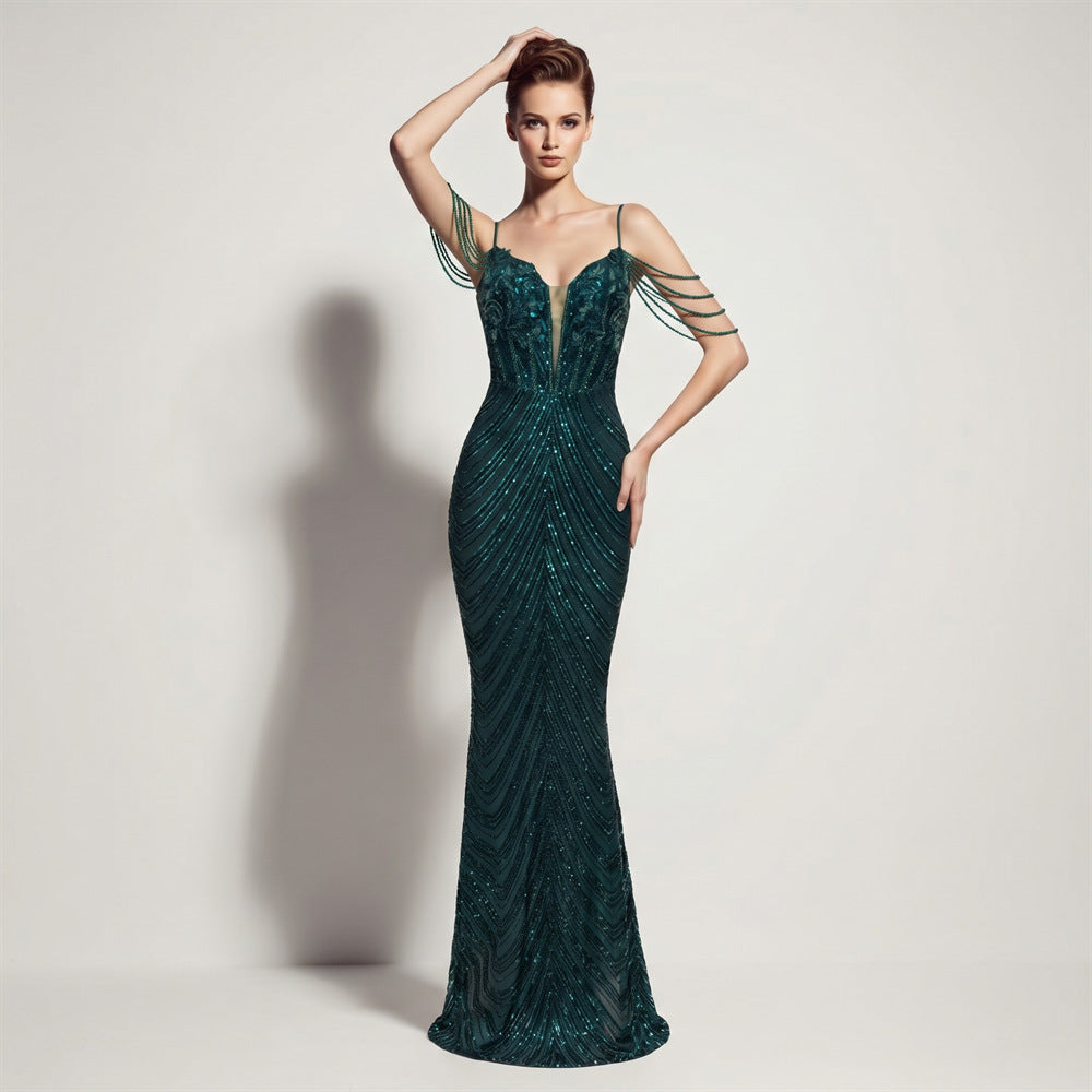 Sofya 35288 # New Style Sequin Tassel Evening Dress Banquet Party Slim Fit Fishtail Long Dress