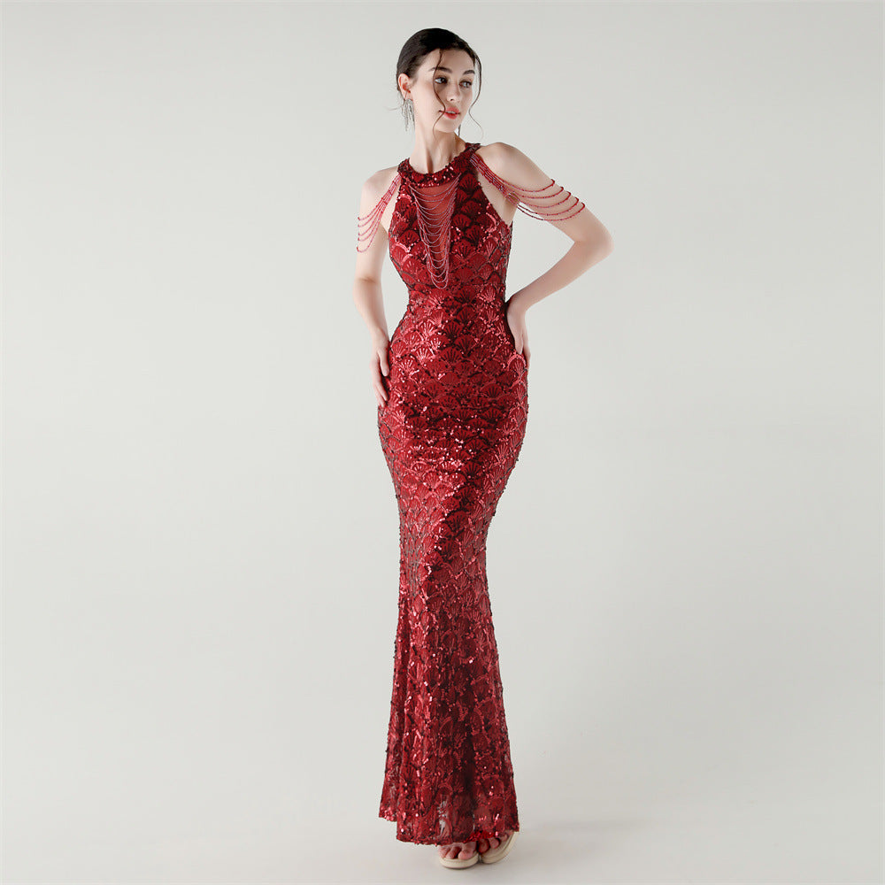33369 # New High-Neck Draped Thin Chain Decorated Fishtail Skirt Sequined Evening Dress Light Luxury Niche Banquet Dress