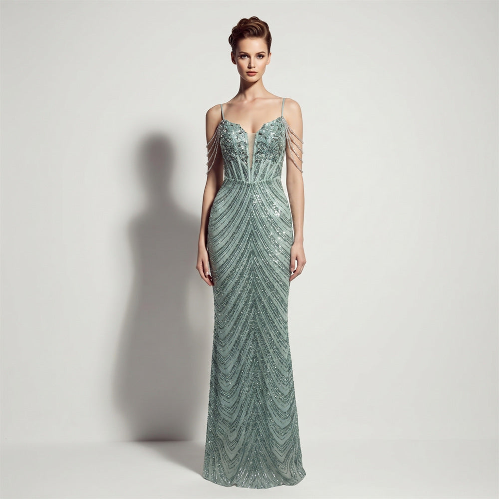 Sofya 35288 # New Style Sequin Tassel Evening Dress Banquet Party Slim Fit Fishtail Long Dress