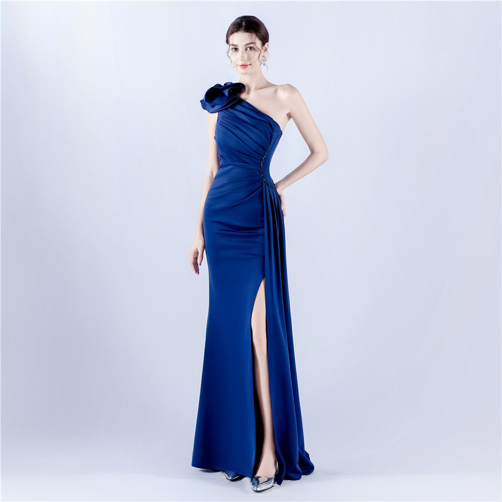 Sofya 31992# New Dress Lotus Shoulder Oblique Neck Craft Bead Hot Drilling Evening Dress Annual Celebration