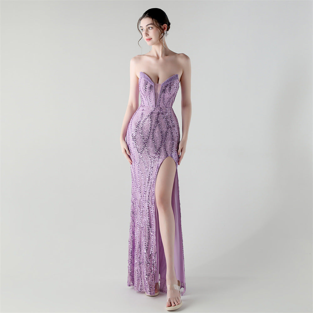33261# new fishbone waist heavy-duty beaded heart-shaped collar bright piece evening dress luxury banquet evening dress