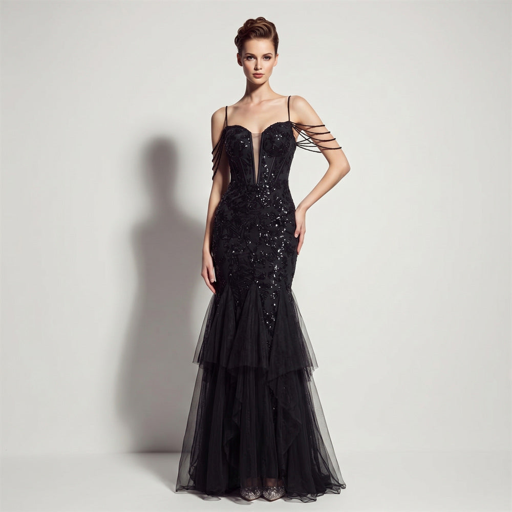 Sofya 35292 # New Style Sequin Tassel Evening Dress Banquet Party Slim Fit Fishtail Long Dress