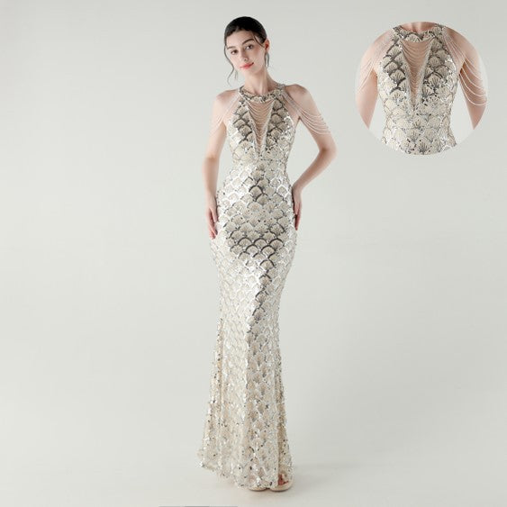 33369 # New High-Neck Draped Thin Chain Decorated Fishtail Skirt Sequined Evening Dress Light Luxury Niche Banquet Dress