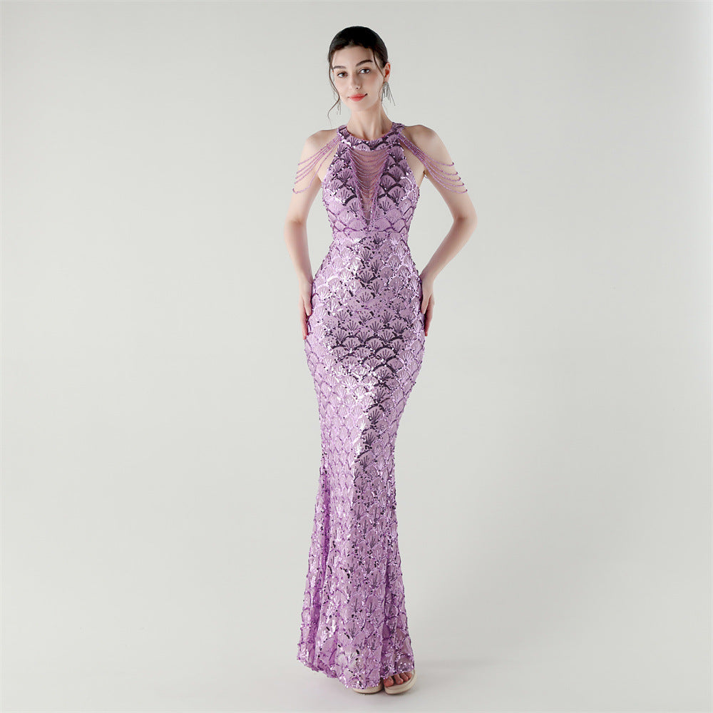 33369 # New High-Neck Draped Thin Chain Decorated Fishtail Skirt Sequined Evening Dress Light Luxury Niche Banquet Dress